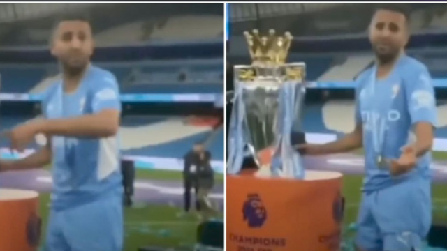 Riyad Mahrez en discussion avec sa maman ce dimanche soir. (cr&eacute;dit Twitter)