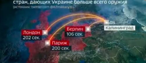 La simulaci&oacute;n del ataque nuclear contra las capitales europeas fue mostrado en un programa (Captura de pantalla de la televisi&oacute;n estatal rusa)