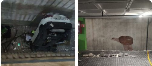 El coche qued&oacute; empotrado verticalmente en el hueco del patio interior - Twitter (@bcn-bombers)