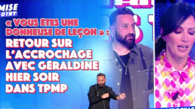 Cyril Hanouna et G&eacute;raldine Maillet s&rsquo;&eacute;charpent sur le plateau de TPMP. Source : capture d&rsquo;&eacute;cran C8.