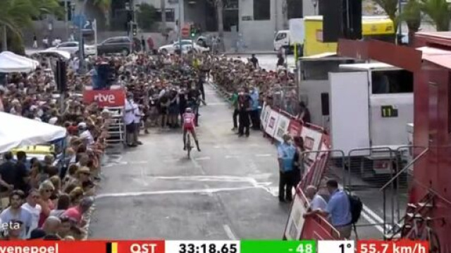 Ciclismo, l'arrivo di Remco Evenepoel nella cronometro della Vuelta.