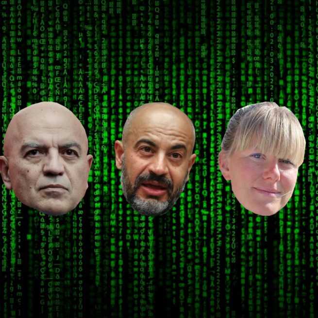 Marco Rizzo, Gianluigi Paragone and Sara Cunial. Illustration by Graziano Losole.