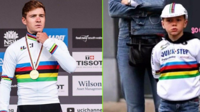 Remco Evenepoel sul podio dei Mondiali di ciclismo e in maglia iridata da bambino