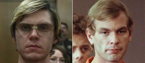 Evan Peters interpretando Jeffrey Dahmer (&agrave; esq.) e imagem de arquivo do "canibal americano" (&agrave; dir.) (Fotomontagem)