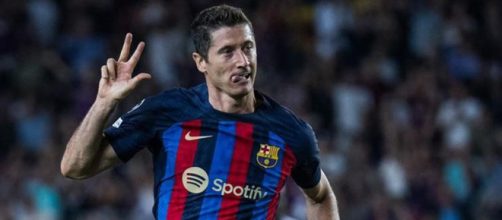 Lewandowski marcou tr&ecirc;s na vit&oacute;ria do Barcelona (Redes sociais do FC Barcelona).