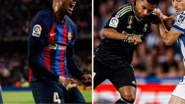 Victoire du Bar&ccedil;a sur Osasuna (1-0), D&eacute;faite du Real Madrid face &agrave; Sociedad (Screenshot de @realmadridfra et @fcbarcelone_fra au 08 mai 2023)