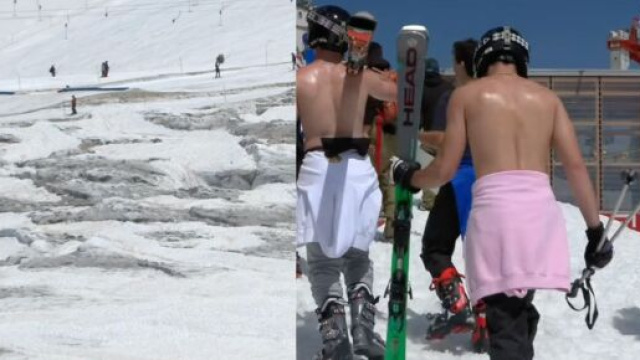Il grande caldo arriva anche a Cervinia: si scia a petto nudo tra le pozze a 20&deg;C.