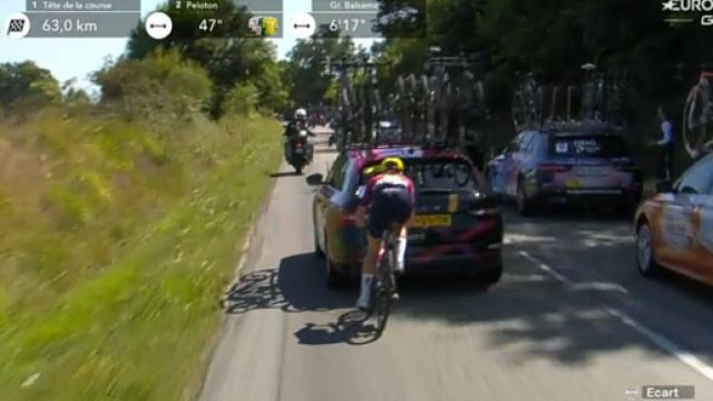 Ciclismo, Demi Vollering in scia all'ammiraglia della Sd Worx.