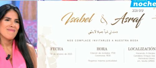 Isa Pantoja ense&ntilde;a la invitaci&oacute;n de boda para su pr&oacute;ximo enlace con Asraf Beno (Mediaset)