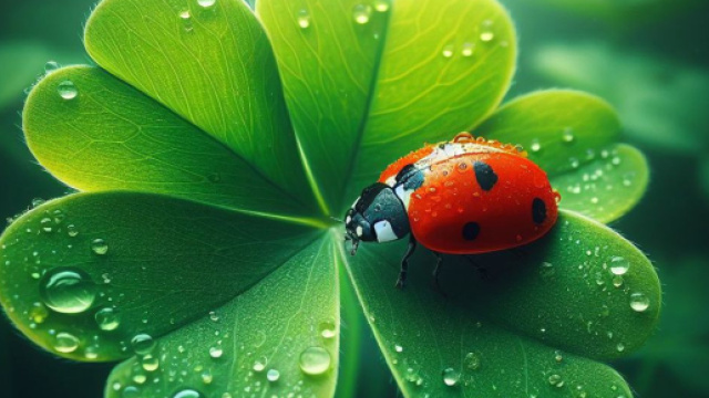 Coccinella su quadrifoglio portafortuna - &copy; Foto Bing IA.
