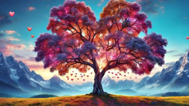 Albero colorato in un paesaggio montuoso &copy; Pixabay