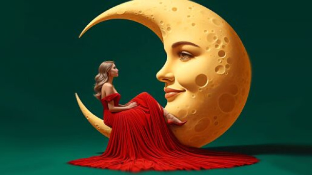 Donna in rosso seduta su luna sorridente &copy; Pixabay