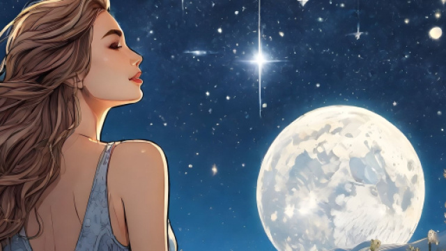 Donna ammira le stelle con luna piena sullo sfondo &copy; Pixabay