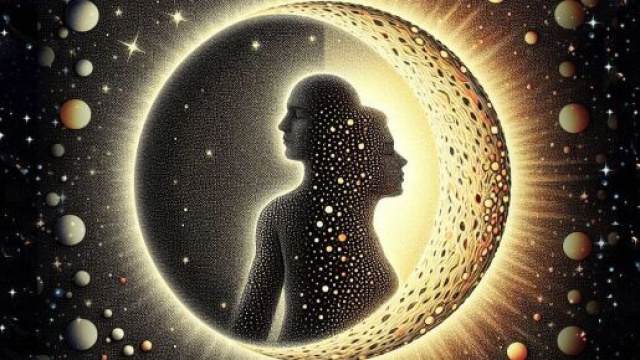 Coppia stilizzata con luna universale - &copy; Bing IA.