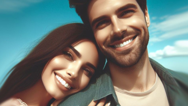 Coppia innamorata e sorridente &copy; Bing IA