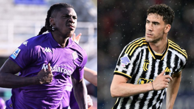 Moise Kean, attaccante della Fiorentina. Foto da &copy; Fiorentina. Dusan Vlahovic, attaccante della Juventus. Foto &copy; Juventus FC