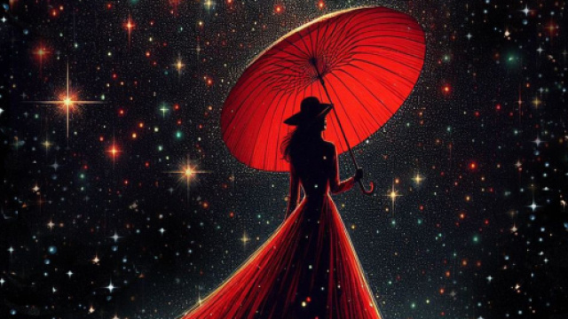Donna in rosso con firmamento stellato - &copy; Bing IA.