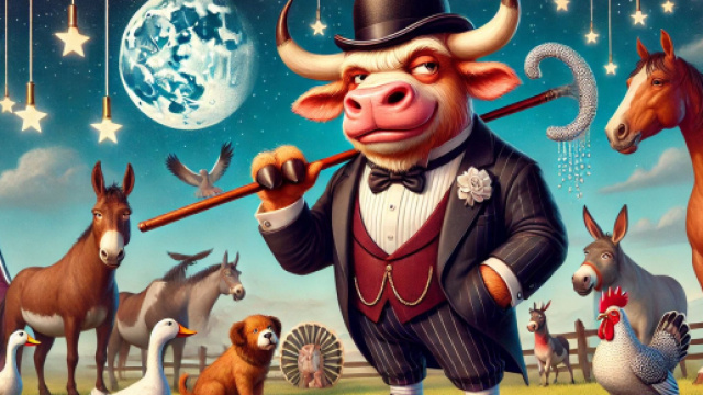 Allegra fattoria con animali e Toro con l'aria da capo &copy; Bing IA.