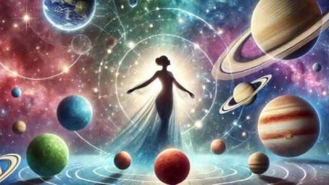 Donna al centro di tanti pianeti &copy; immagine generata con IA