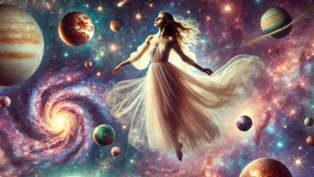 Donna tra le stelle e i pianeti &copy; foto generata dall'IA