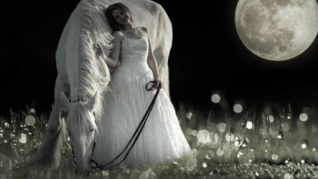 Donna con cavallo bianco e Luna sullo sfondo - &copy; Pixabay.