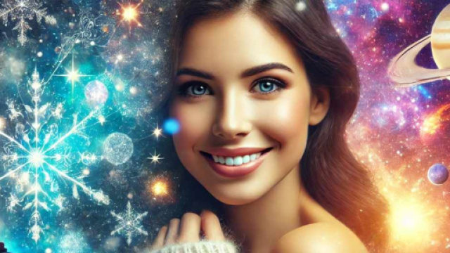 Donna circondata dai pianeti e dalla neve &copy; IA