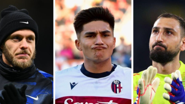 Federico Dimarco dell'Inter. Foto &copy; Inter. Santiago Castro del Bologna. &copy; Bologna. Gianluigi Donnarumma del PSG. &copy; X/Donnarumma