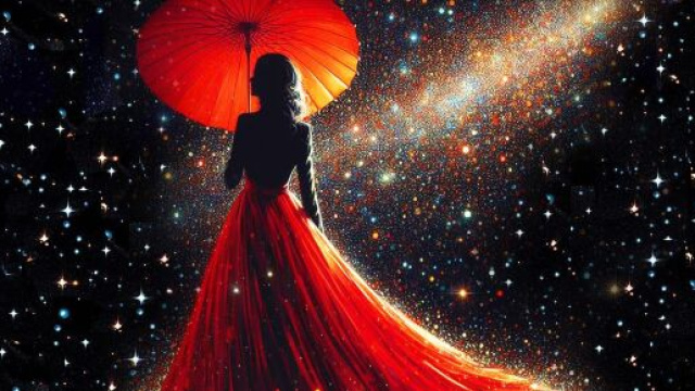 Figura di donna in rosso tra le stelle &copy; Bing IA