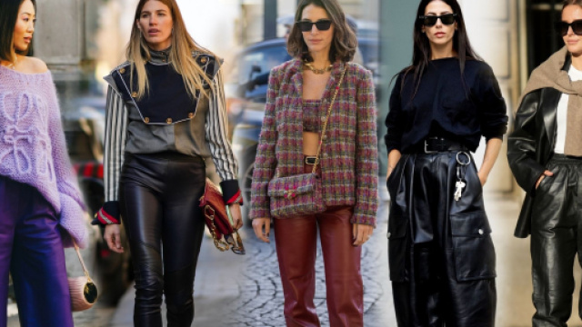 Moda e outfit per l'inverno 2024: i pantaloni in pelle e il blazer scamosciato.