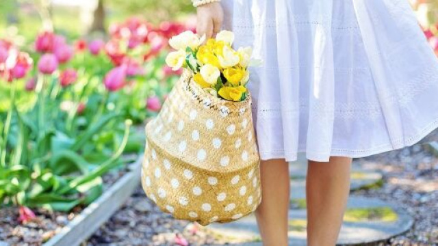 Prato fiorito e donna con borsa &copy; Pixabay.