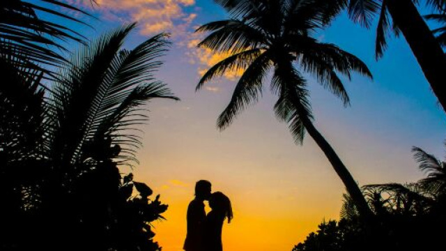 Due ragazzi che si baciano sotto le palme &copy; pexels.com.