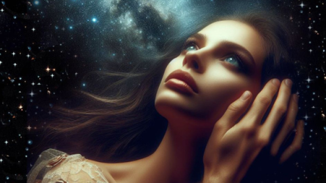 Sguardo dolce di donna su sfondo stellato - &copy; Foto Bing IA