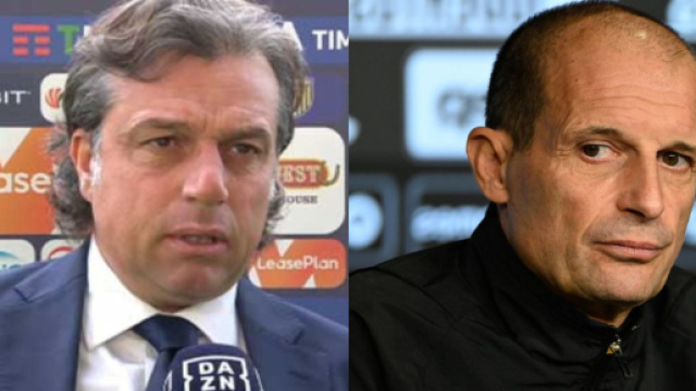 Cristiano Giuntoli, direttore sportivo della Juventus. Screenshot &copy; Dazn. Massimiliano Allegri, allenatore della Juventus. Foto &copy; Juventus