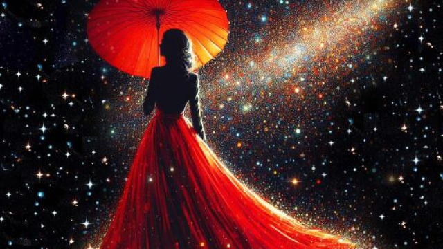 Donna in rosso tra le stelle - Foto generata con &copy; Bing IA.