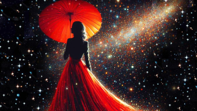 Donna in rosso a passeggio tra le stelle - &copy; Foto Bing IA