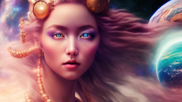 Donna con gli occhi azzurri e pianeti &copy; Immagine Pixabay.