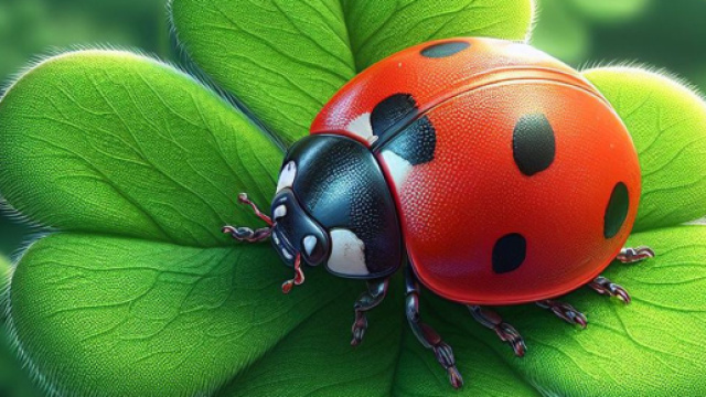 Coccinella su quadrifoglio portafortuna - &copy; Bing IA.