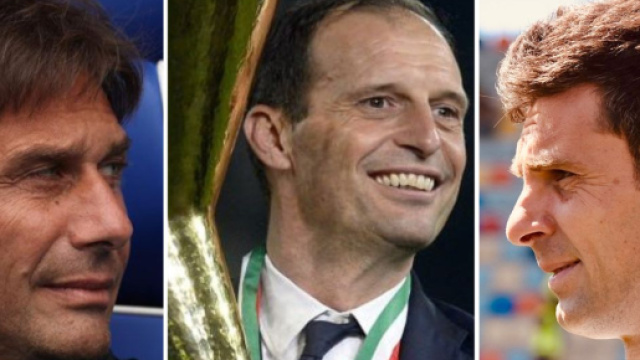 Massimiliano Allegri, della Juventus. Foto &copy; Juventus. Antonio Conte. Foto &copy; Instagram/Conte. Thiago Motta, del Bologna. Foto &copy; Bologna FC