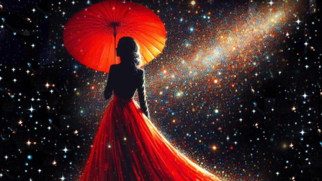 Donna in rosso con ombrello, tra le stelle - &copy; Foto Bing IA.