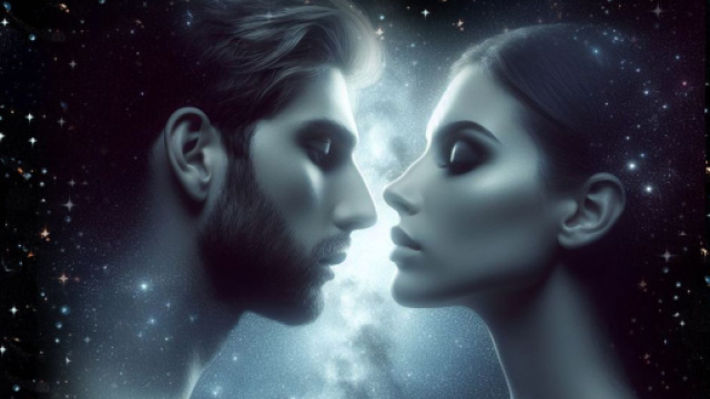 Coppia innamorata con notte stellata come sfondo - &copy; Foto Bing IA