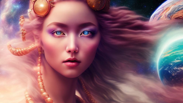 Dea con gli occhi azzurri e pianeti - Immagine &copy; Pixabay.