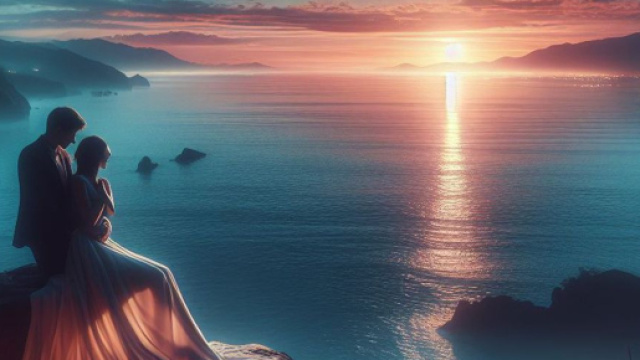 Coppia innamorata con tramonto sul mare - &copy; Foto Bing IA
