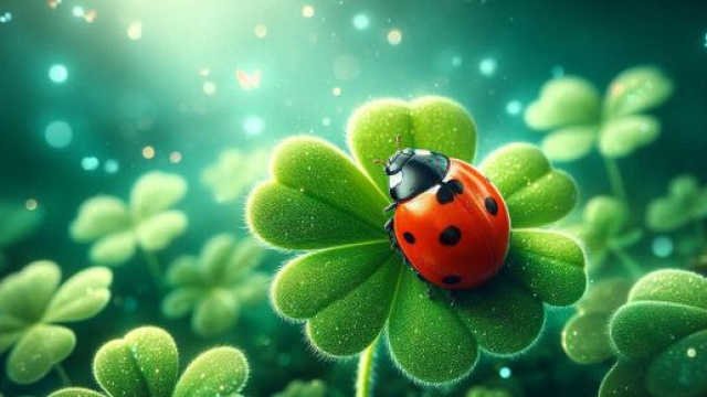 Coccinella appoggiata su un quadrifoglio portafortuna &copy; generato con AI.