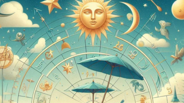 Sole luna, nuvole e stelle e ombrelloni con ruota oroscopo- &copy; Bing AI