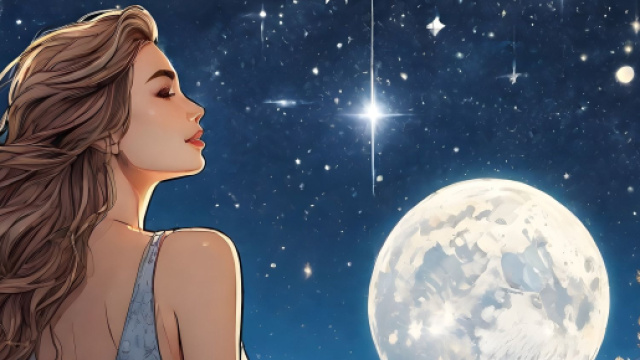Donna sorride alla luna e al cielo stellato - &copy; Bing IA.