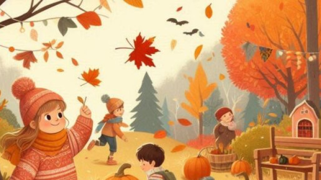 Bambini che giocano con foglie in autunno- &copy; Bing AI