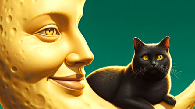 Gatto nero su luna sorridente - &copy; Pixabay.