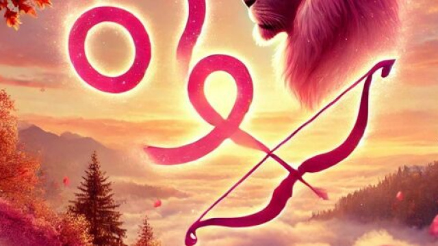 Segno del Leone e simbolo del Sagittario su sfondo autunnale rosa &copy; DALLE - E.