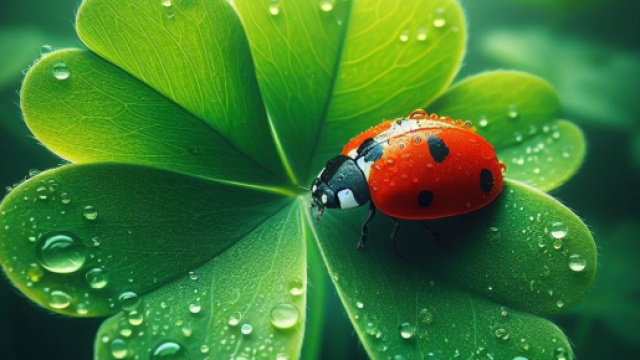 Coccinella della fortuna su quadrifoglio beneaugurale - &copy; Bing IA