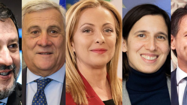 Matteo Salvini, Antonio Tajani, Giorgia Meloni, Elly Schlein e Giuseppe Conte (&copy; Wikimedia commons)